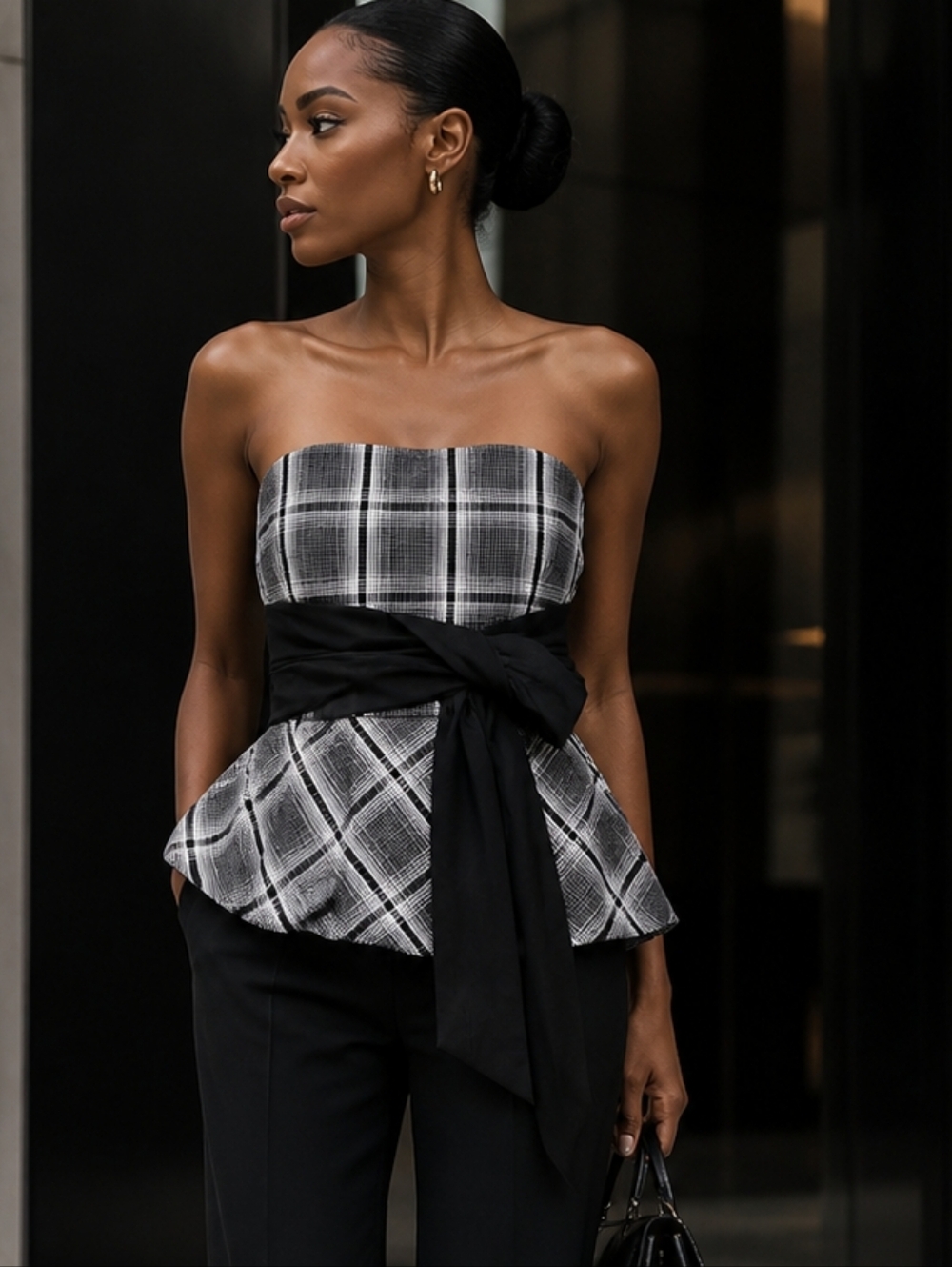 ZARA Black & White Plaid Strapless Peplum Top w/ Bow Belt Size L NWT Y2K